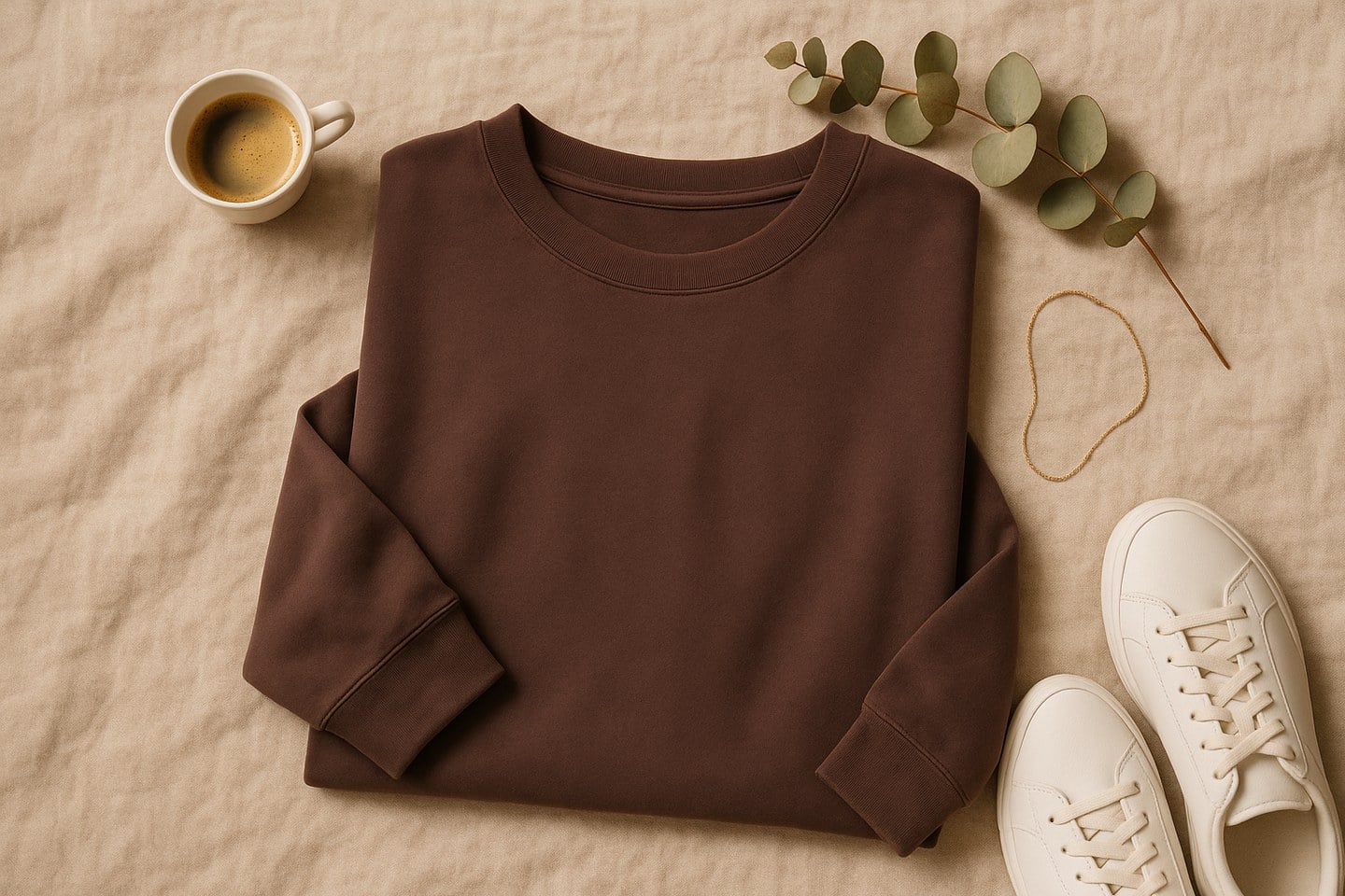 Kahverengi oversize bisiklet yaka uzun kollu basic sweatshirt düz zemin üzerinde katlanmış, yanında altın zincir kolye ve beyaz spor ayakkabı ile editoryal flatlay kombin düzenlemesi