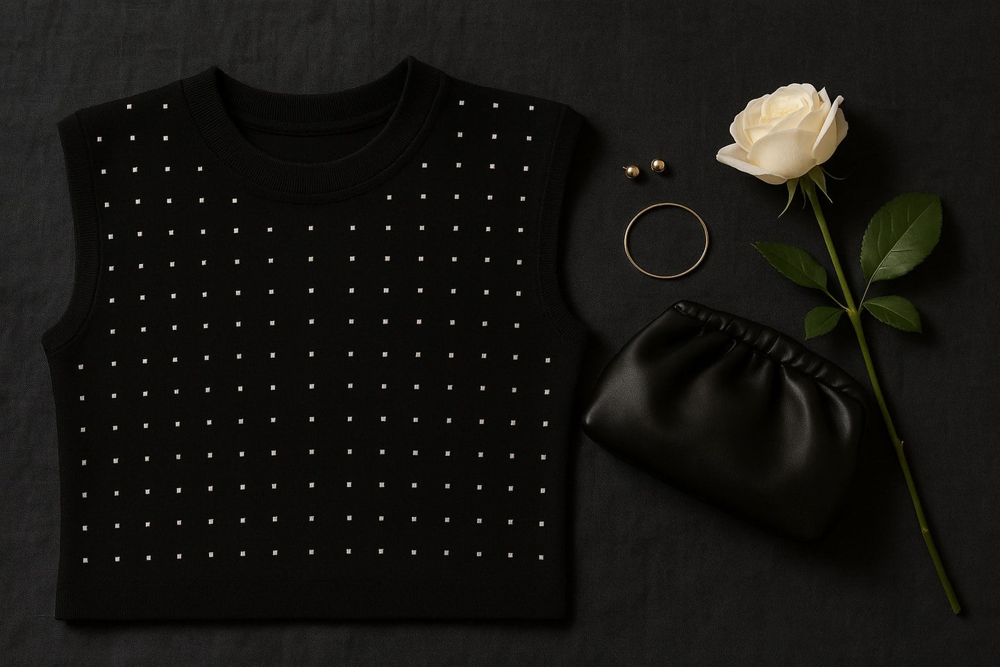 Siyah yapılandırılmış clutch, altın rengi küpe ve ince bilekliğin eşlik ettiği taş işlemeli vatkalı siyah bluz için editoryal düzenleme