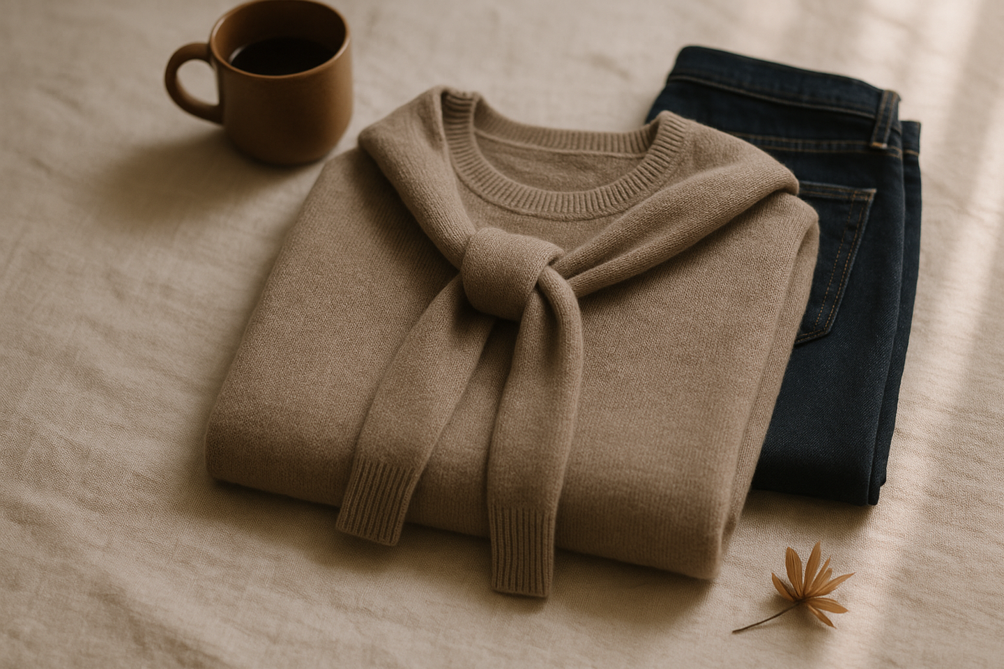 Rhen Store vizon şal detaylı bisiklet yaka triko kazak, koyu denim ve kahve fincanıyla keten zemin üzerinde