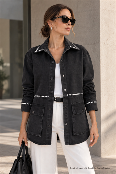 Körük Cepli Taş Detaylı Oversize Siyah Denim Ceket - Ceket | Rhen Store
