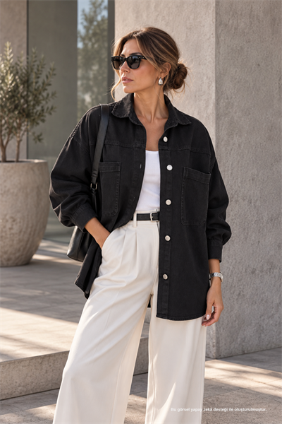 Siyah Cep Detay Oversize Gömlek Ceket - Ceket | Rhen Store