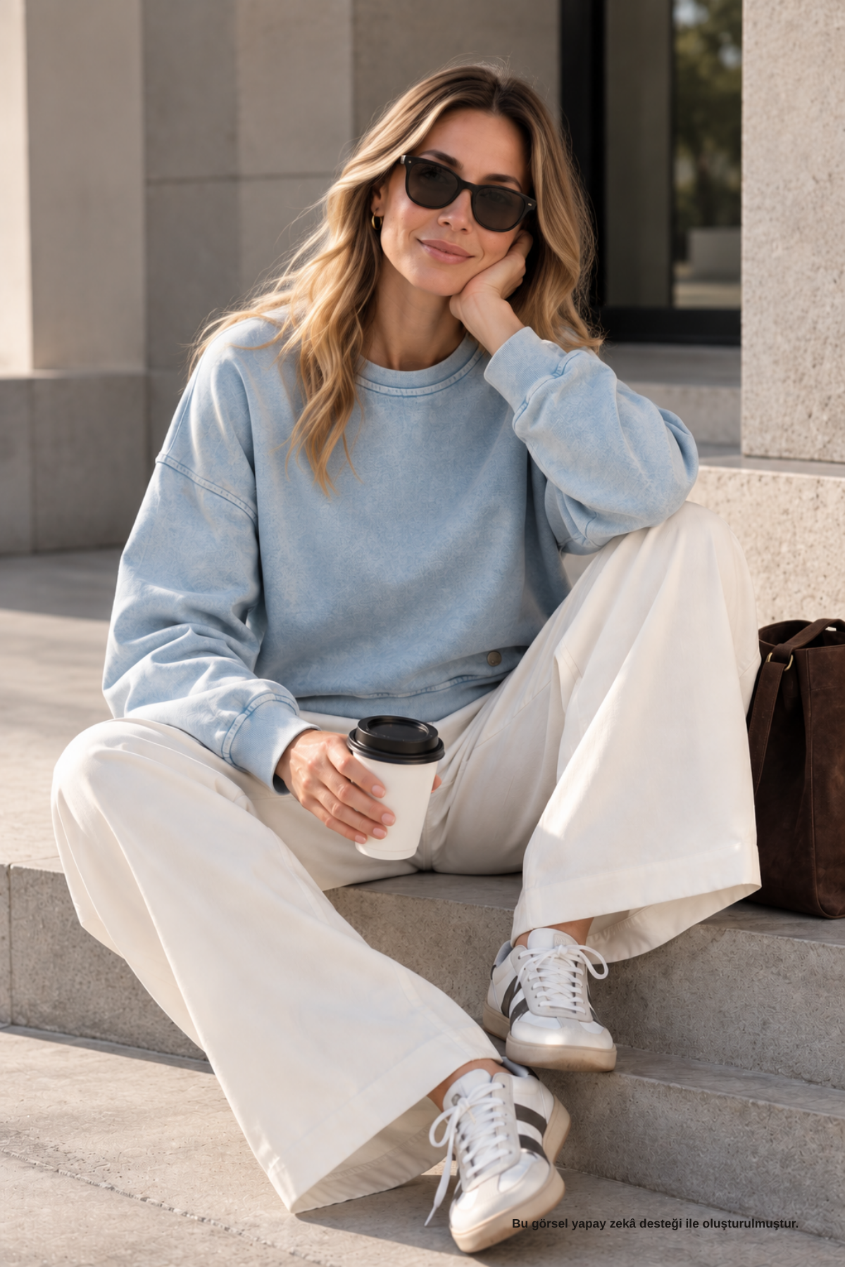 Bisiklet Yaka Oversize Yıkamalı Mavi Sweatshirt