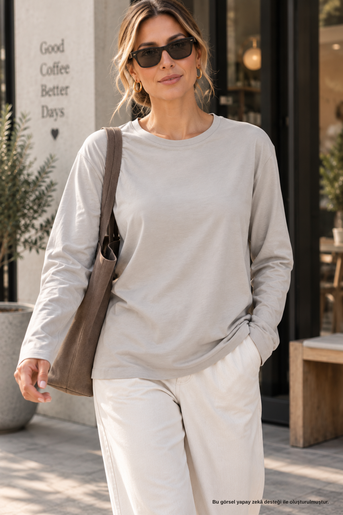 Oversize Uzun Kollu Basic Gri Tişört