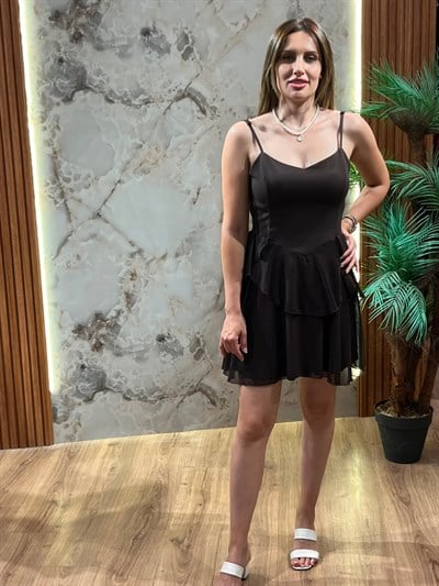 ASKILI TÜL DETAYLI MİNİ ELBİSE