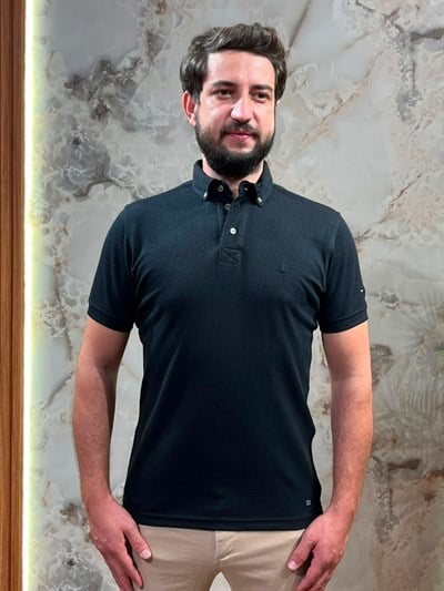 ERKEK DOKULU POLO YAKA TİŞÖRT SLİM FİT KISA KOLLU SİYAH