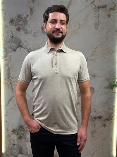 ERKEK TAŞ RENGİ DOKULU POLO YAKA TİŞÖRT 