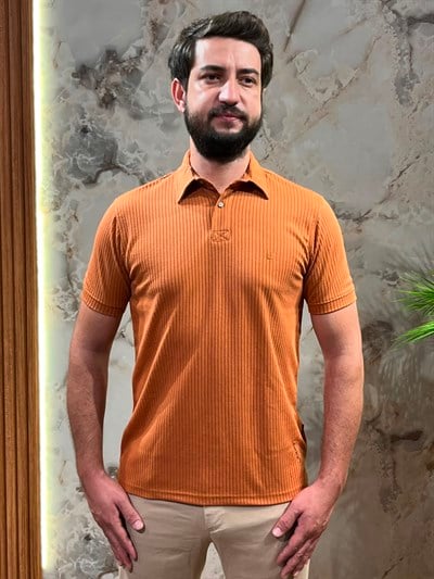 KENDİNDEN ÇİZGİLİ RAHAT KİREMİT POLO YAKA TİŞÖRT