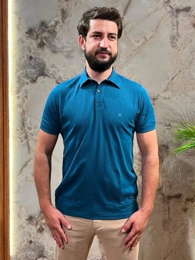 KENDİNDEN ÇİZGİLİ RAHAT MAVİ POLO YAKA TİŞÖRT