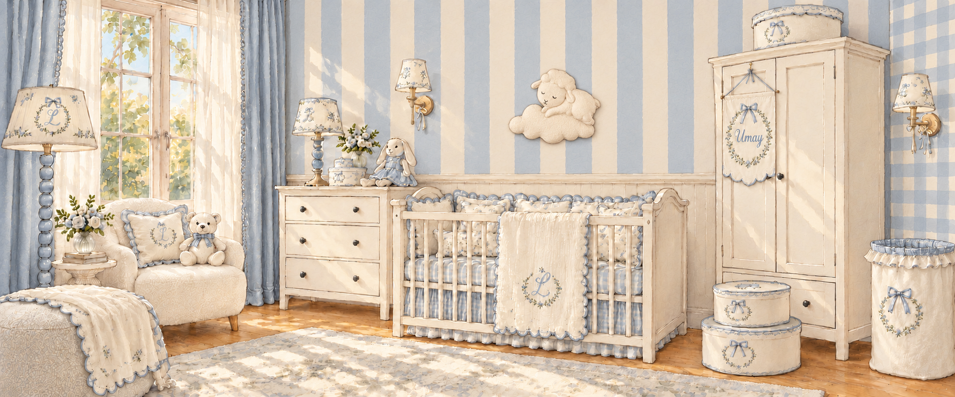 La Vie Bebe kişiye özel tekstillerle mavi bebek odası illüstrasyonu