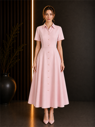 PEMBE İNCİ DETAYLI MİDİ ELBİSE