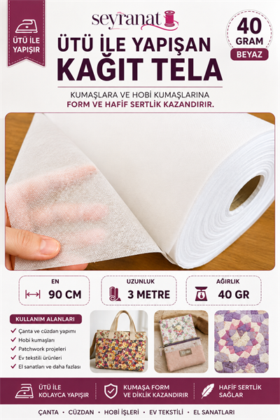 3 Metre Eni 90 Cm 40 Gr Beyaz Ütü İle Yapışan Kağıt Tela