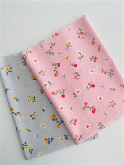 Pembe, Gri Çiçekli 2 Adet Pamuklu Kumaş
