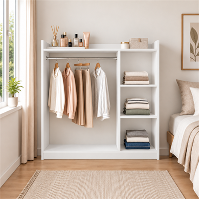 Liva Raflı ve Askılı Açık Gardırop – Beyaz