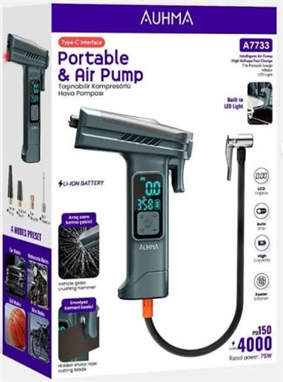 Auhma Kompresör Dijital 4000Mah 150Psı Type-C Şarj Edilebilir A7733 5329