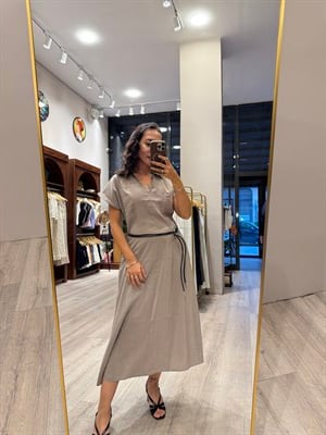 Gömlek Yaka Kemer Detaylı Uzun Elbise – Haki
