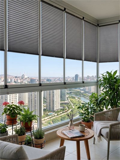 Perla Serisi Özel Ölçü Antrasit Plise Perde - Cam Balkon ve Pencere Uyumlu
