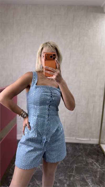 Pul detay parlak açık mavi korse bluz