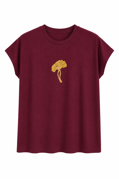 Sarı taşlı marka model bordo tişört