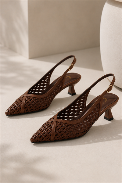 ALIX Kadın Acı Kahve Hasır Dokulu Sivri Burun Kadeh Topuklu Slingback Ayakkabı