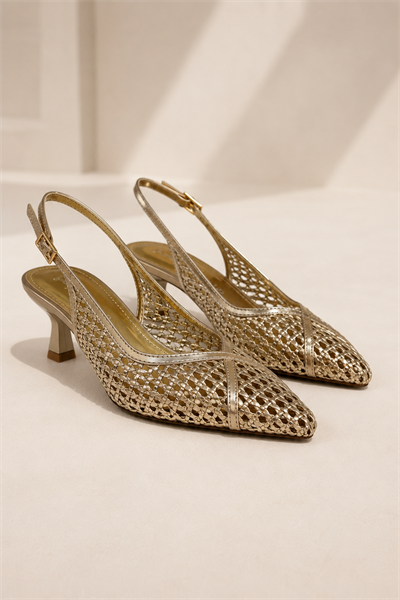 ALIX Kadın Altın Hasır Dokulu Sivri Burun Kadeh Topuklu Slingback Ayakkabı