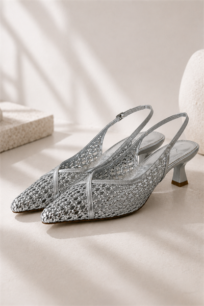 ALIX Kadın Gümüş Hasır Dokulu Sivri Burun Kadeh Topuklu Slingback Ayakkabı