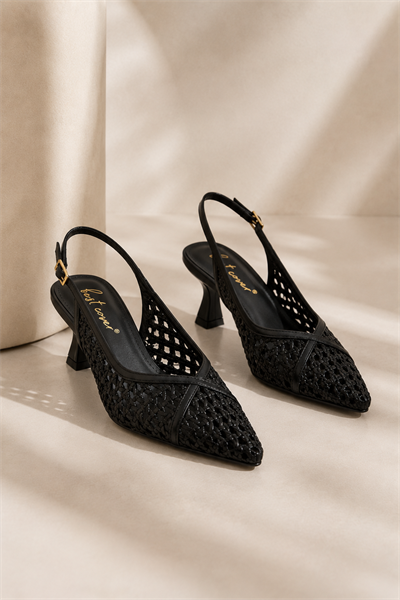 ALIX Kadın Siyah Hasır Dokulu Sivri Burun Kadeh Topuklu Slingback Ayakkabı