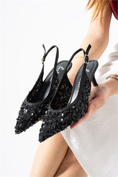 ARIYA Kadın Siyah Sivri Burun Slingback Pul Payet Detaylı İnce Topuklu Ayakkabı