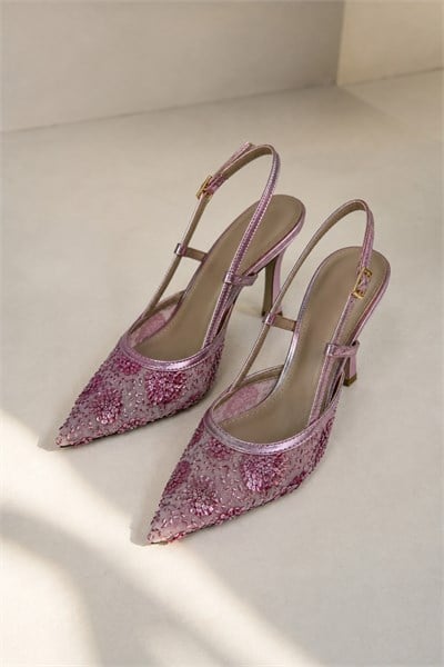 BELLA Kadın Pembe İşlemeli Tül Detaylı Sivri Burun İnce 10 Cm Slingback Kadın Topuklu Ayakkabı