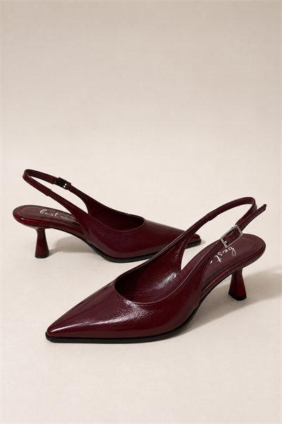 SEELIN Kadın Bordo Sivri Burun Kırışık Rugan Slingback Tokalı 7 Cm İnce Topuklu Ayakkabı