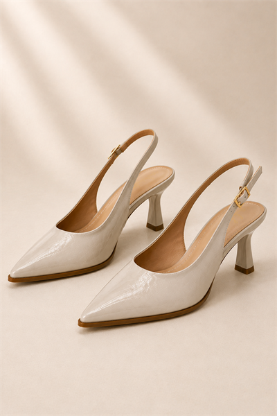 SEELIN Kadın Bej Sivri Burun Kırışık Rugan Slingback Tokalı 7 Cm İnce Topuklu Ayakkabı
