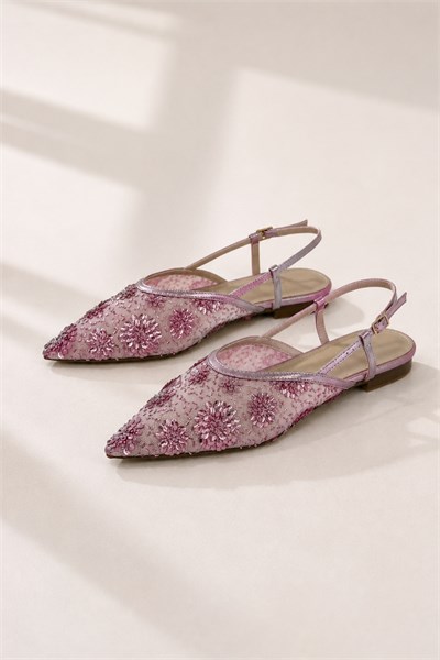 EFTELYA Kadın Pembe Çiçek İşlemeli Tül Sivri Burun Slingback Babet Ayakkabı