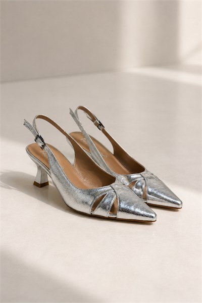 HELIN Kadın Gümüş Pencere Detaylı Sivri Burun Slingback 6 cm Topuklu Ayakkabı