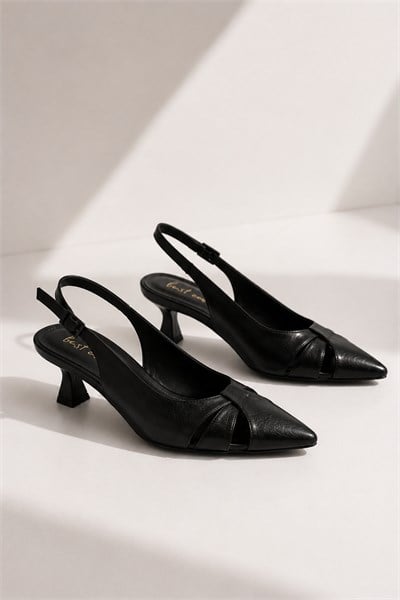 HELIN Kadın Siyah Pencere Detaylı Sivri Burun Slingback 6 cm Topuklu Ayakkabı