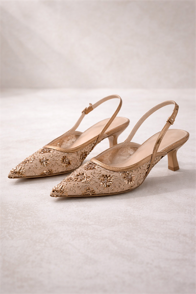 ROSABELLA Kadın Bakır Pul Boncuk İşlemeli Tül Detaylı İnce Topuklu Slingback Abiye Ayakkabı