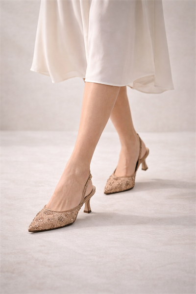 ROSABELLA Kadın Bakır Pul Boncuk İşlemeli Tül Detaylı İnce Topuklu Slingback Abiye Ayakkabı