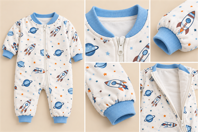 Bebek & Çocuk Uzay ve Roket Desenli 2.5 Tog Elyaf Dolgulu Fermuarlı Uyku Tulumu