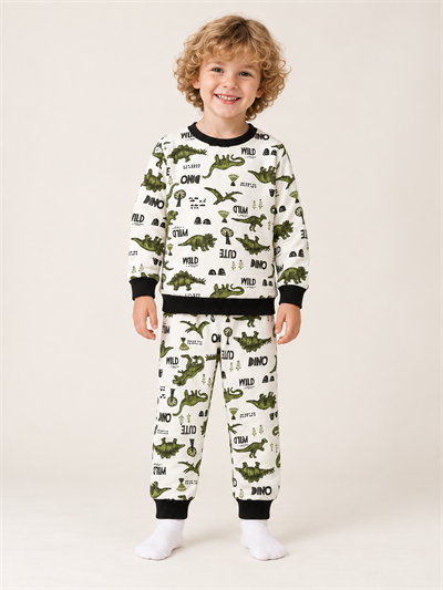 Erkek Çocuk Dinozor Desenli Ribanalı İkili Pijama Takımı