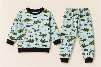 Erkek Çocuk Dinozor Desenli Ribanalı İkili Pijama Takımı