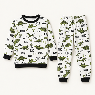 Erkek Çocuk Dinozor Desenli Ribanalı İkili Pijama Takımı