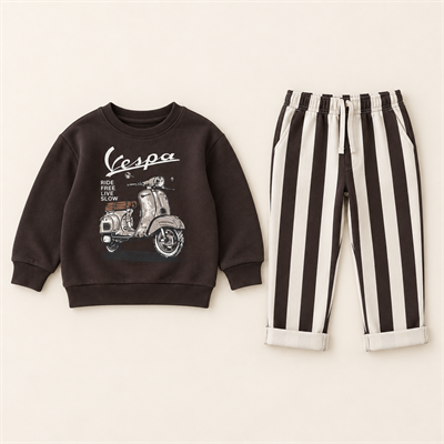Erkek Çocuk Klasik Vespa Ride Free Live Slow Baskılı Çizgili İkili Takım
