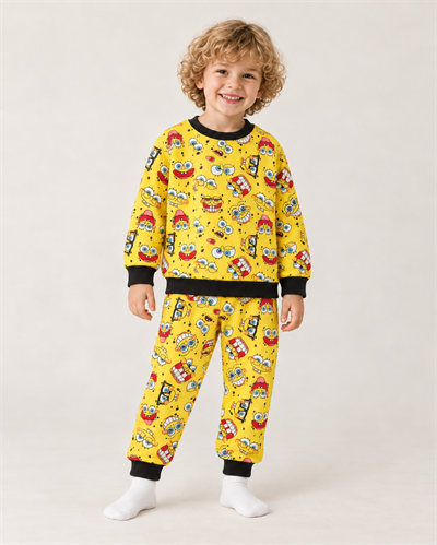 Erkek Çocuk SüngerBob Desenli Ribanalı İkili Pijama Takımı