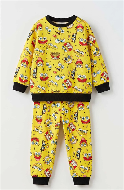 Erkek Çocuk SüngerBob Desenli Ribanalı İkili Pijama Takımı