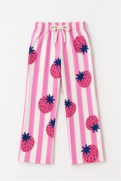 Kız Çocuk Çilek STRAWBERRY Baskılı Çizgili Geniş Paça İkili Takım