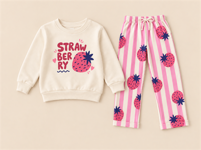 Kız Çocuk Çilek STRAWBERRY Baskılı Çizgili Geniş Paça İkili Takım