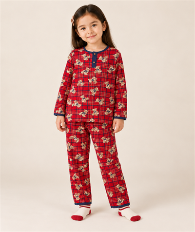 Kız Çocuk Ekose Ayıcık Desenli Yakası Düğmeli İkili Pijama Takımı