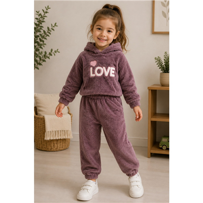 Kız Çocuk Peluş LOVE Nakışlı İkili Takım