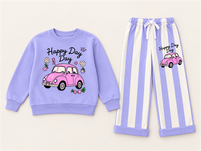Kız Çocuk Pembe Vosvos Happy Day Baskılı Çizgili Geniş Paça İkili Takım