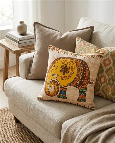 Bohem Fil Desenli Dekoratif Kırlent Kılıfı 45x45 cm Gizli Fermuarlı Petek Kumaş Dijital Baskılı Yastık Kılıfı