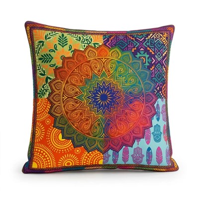 Mandala Desenli Dekoratif Kırlent Kılıfı 45x45 cm Gizli Fermuarlı Petek Kumaş Dijital Baskılı Bohem Yastık Kılıfı