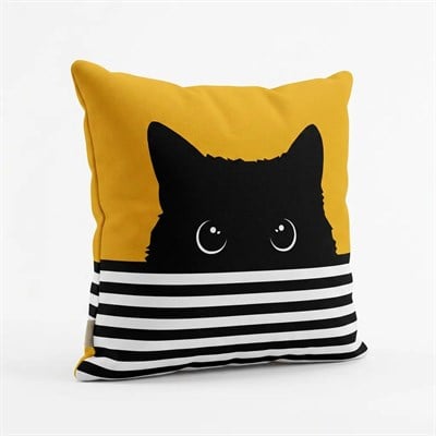 Siyah Kedi Desenli Dekoratif Kırlent Kılıfı 45x45 cm Gizli Fermuarlı Petek Kumaş Dijital Baskılı Modern Yastık Kılıfı